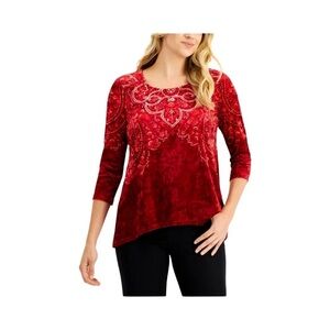 JM Collection Women's Red Textured Printed 3/4 Sleeve Scoop Neck Top NWT Size XL